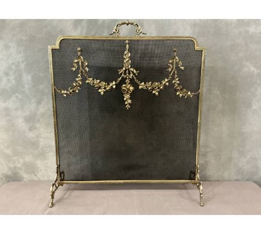 Ecran de cheminée en bronze, pare feu d'époque 19 ème de style Louis XVI