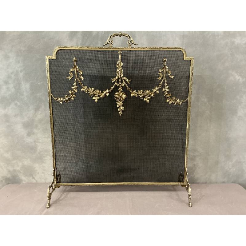 Ecran de cheminée en bronze, pare feu d'époque 19 ème de style Louis XVI