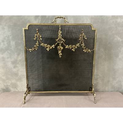 Ecran de cheminée en bronze, pare feu d'époque 19 ème de style Louis XVI