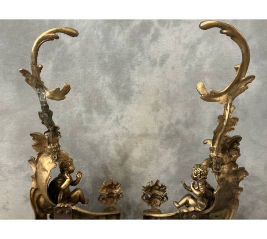 Pair of andirons, decorated with a fire motif in gilt bronze, dating from the 19th century