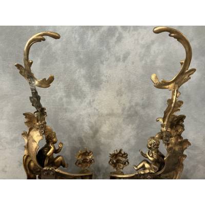 Pair of andirons, decorated with a fire motif in gilt bronze, dating from the 19th century