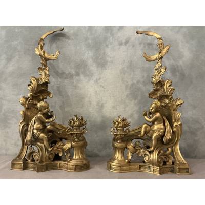 Pair of andirons, decorated with a fire motif in gilt bronze, dating from the 19th century