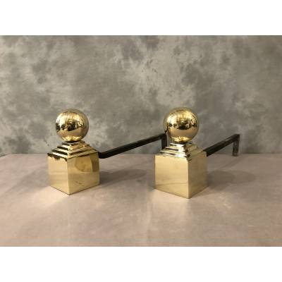 Pair of large brass ball andirons from the 19th century