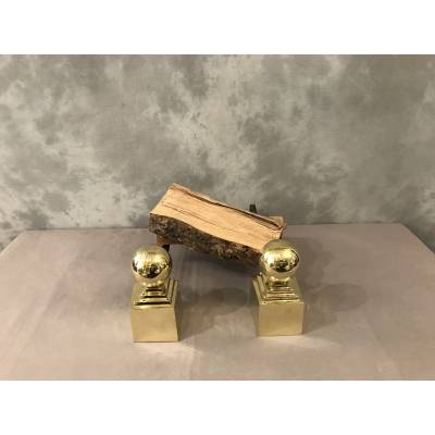 Pair of large brass ball andirons from the 19th century