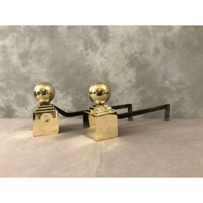 Pair of large brass ball andirons from the 19th century