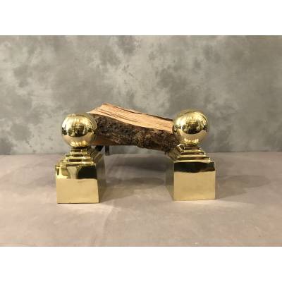 Pair of large brass ball andirons from the 19th century