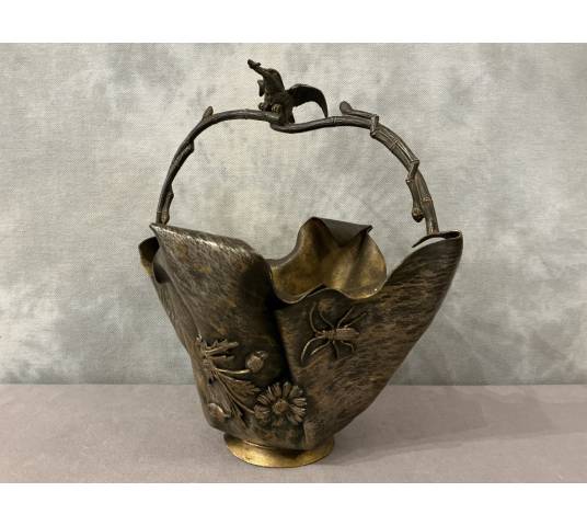 Beau panier en bronze et bronze argenté d'époque Art Nouveau