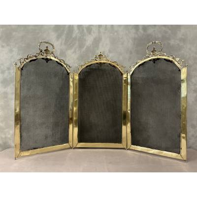 Petit pare feu de cheminée ancien en laiton et bronze d'époque 19 ème de style Louis XVI