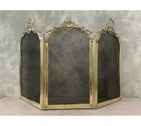 Petit pare feu de cheminée ancien en laiton et bronze d'époque 19 ème de style Louis XVI