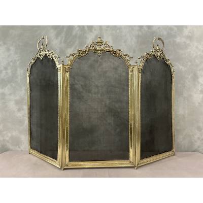 Petit pare feu de cheminée ancien en laiton et bronze d'époque 19 ème de style Louis XVI