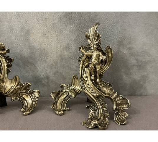 Pair of bronze andirons decorated with cherubs, dating from the 19th century