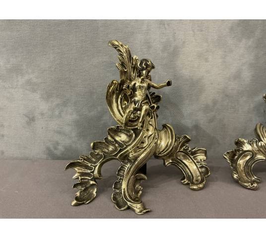 Pair of bronze andirons decorated with cherubs, dating from the 19th century