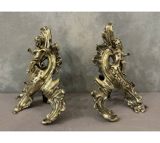 Pair of bronze andirons decorated with cherubs, dating from the 19th century