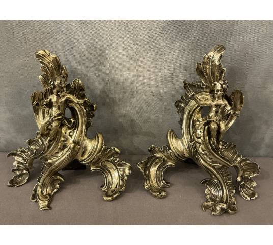 Pair of bronze andirons decorated with cherubs, dating from the 19th century