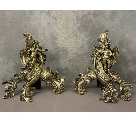 Pair of bronze andirons decorated with cherubs, dating from the 19th century