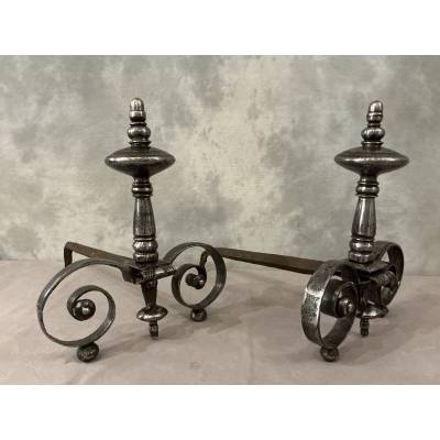 Beautiful pair of antique wrought iron andirons from the early 19th century