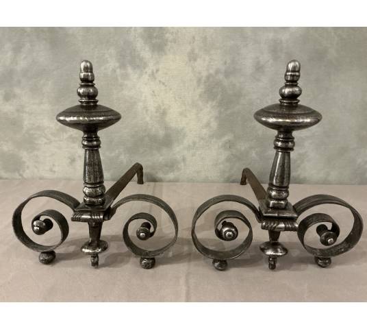 Beautiful pair of antique wrought iron andirons from the early 19th century
