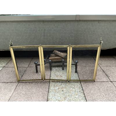 Large pare feu de cheminée ancien en laiton d'époque 19 ème