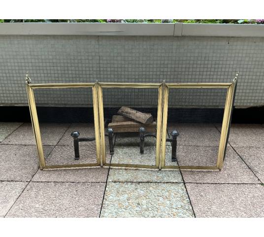 Large pare feu de cheminée ancien en laiton d'époque 19 ème