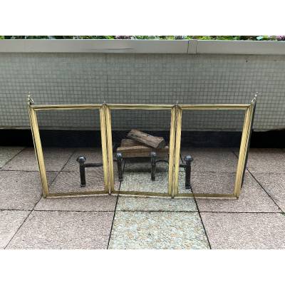 Large pare feu de cheminée ancien en laiton d'époque 19 ème