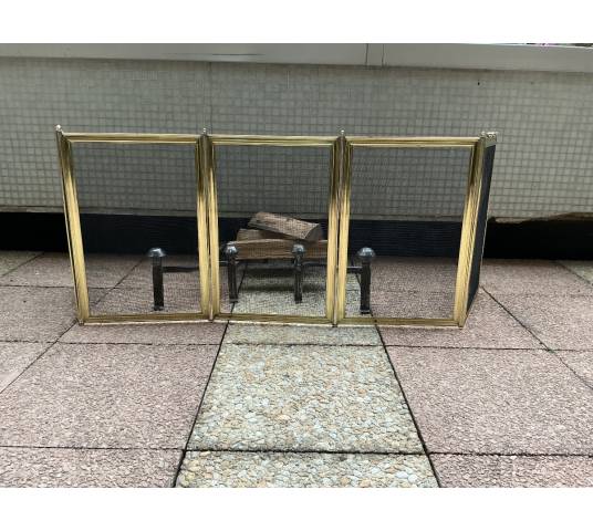 Large pare feu de cheminée ancien en laiton d'époque 19 ème