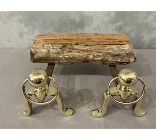 Paire de chenets anciens en laiton vers 1970