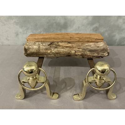 Paire de chenets anciens en laiton vers 1970