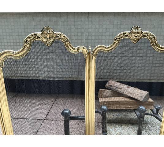 Large pare feu de cheminée ancien en laiton d'époque 19 ème