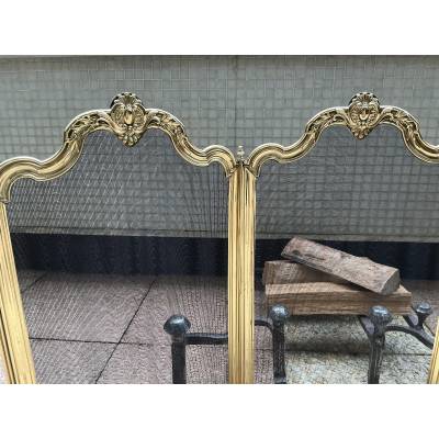 Large pare feu de cheminée ancien en laiton d'époque 19 ème