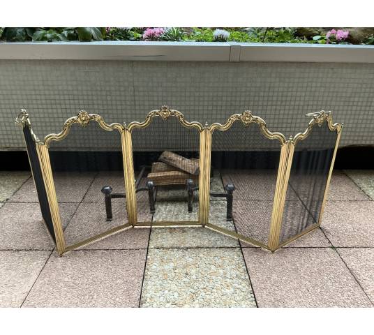 Large pare feu de cheminée ancien en laiton d'époque 19 ème