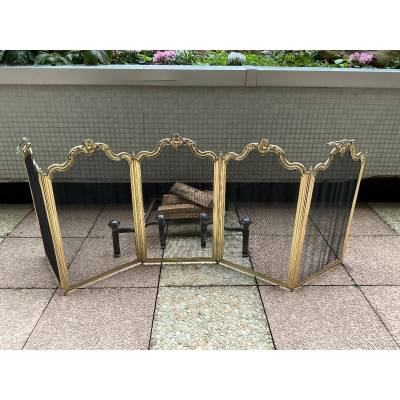 Large pare feu de cheminée ancien en laiton d'époque 19 ème