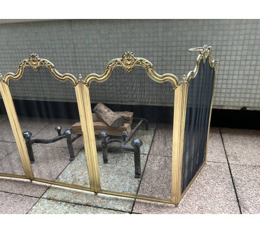 Large pare feu de cheminée ancien en laiton d'époque 19 ème