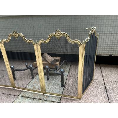 Large pare feu de cheminée ancien en laiton d'époque 19 ème