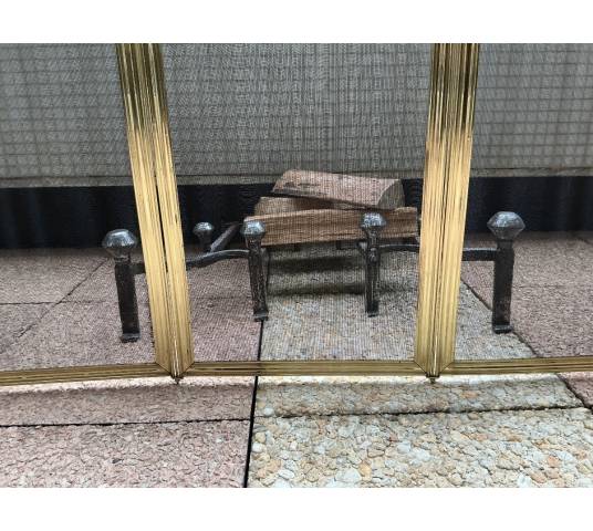 Large pare feu de cheminée ancien en laiton d'époque 19 ème