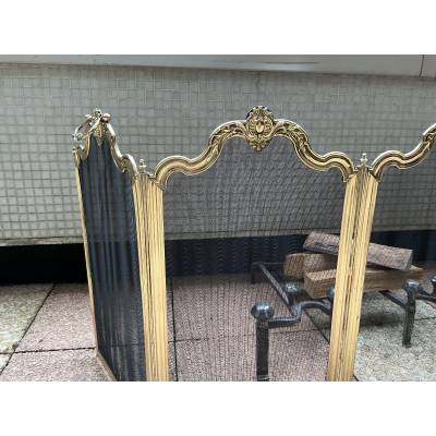 Large pare feu de cheminée ancien en laiton d'époque 19 ème