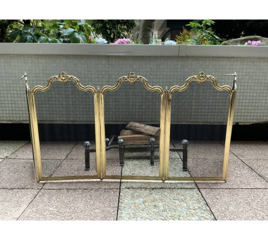 Large pare feu de cheminée ancien en laiton d'époque 19 ème