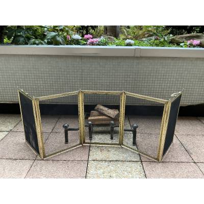 Large pare feu de cheminée ancien en laiton d'époque 19 ème