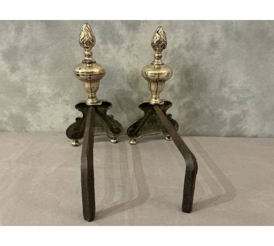Paire de chenets anciens en bronze/laiton  d'époque 17 ème