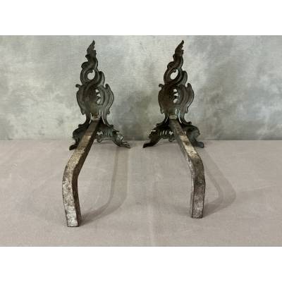 Pair of antique 19th-century bronze andirons in the Louis XV style