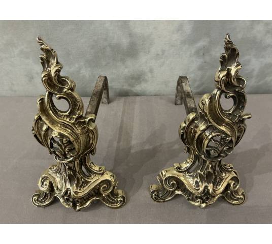 Paire d chenets en bronze anciens d'époque 19 ème de style Louis XV