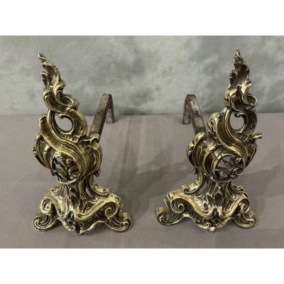 Pair of antique 19th-century bronze andirons in the Louis XV style