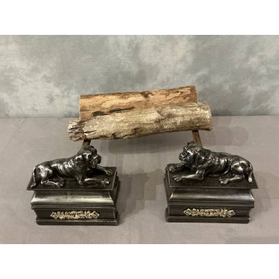 Pair of antique cast iron dog-decorated andirons from the 19th century