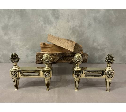 Antique polished bronze andirons from the 18th century Louis XVI period