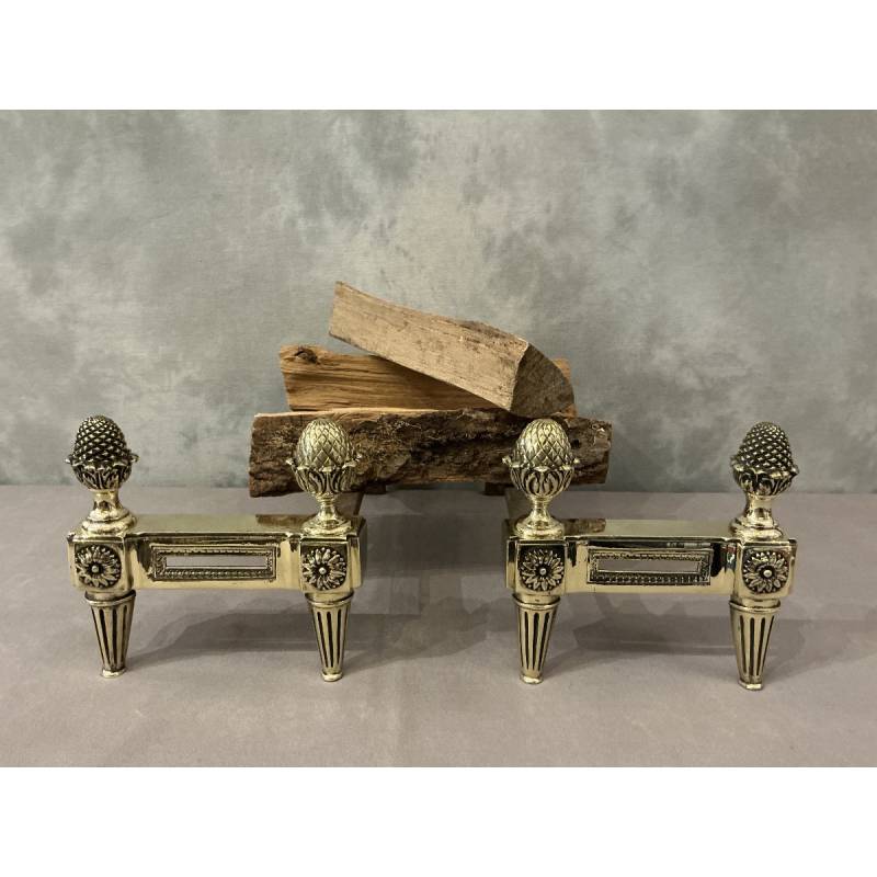Antique polished bronze andirons from the 18th century Louis XVI period