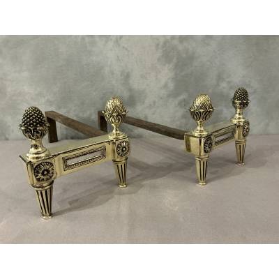 Chenets anciens en bronze poli d'époque 18 ème Louis XVI