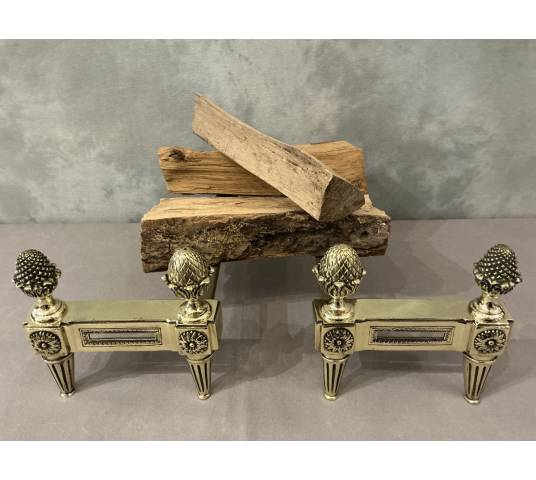 Antique polished bronze andirons from the 18th century Louis XVI period