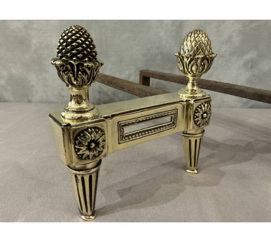 Antique polished bronze andirons from the 18th century Louis XVI period