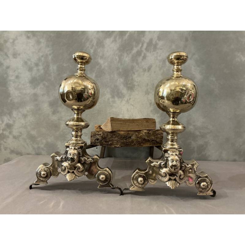 Pair of brass and bronze andirons with 17th-century gargoyles