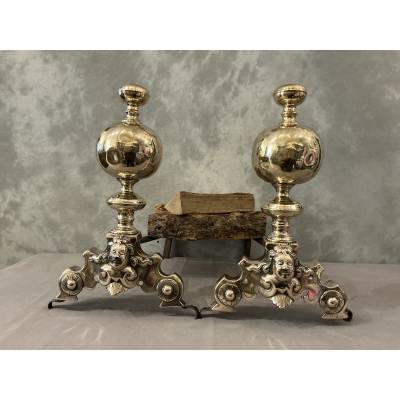 Pair of brass and bronze andirons with 17th-century gargoyles