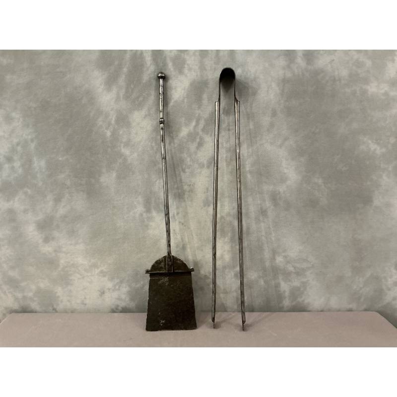 Large set of a wrought iron fireplace shovel and tongs from the 18th century